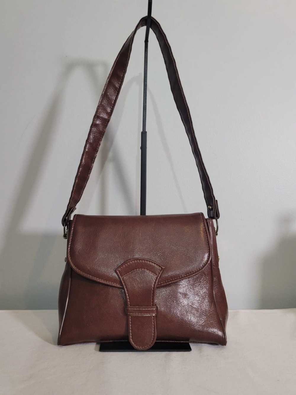 Vintage Brown Faux Leather Shoulder Bag Flap Vegan Messenger Purse Boho